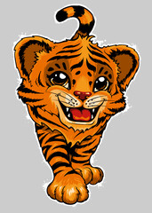 A smiling tiger cub is a symbol of the year 2022. T-shirt design