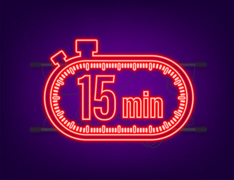 The 15 minutes, stopwatch vector neon icon. Stopwatch icon in flat style, timer on on color background. Vector illustration