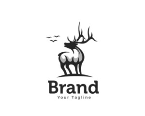 stand antler deer elk look back bird background logo template illustration