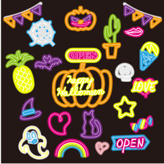 蛍光管のネオンサイン風夜のハロウィンパーティー素材セット