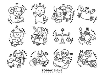 シンプルでかわいい12星座のイラストセット　モノクロ