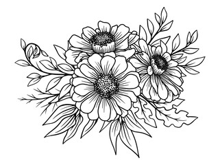 Flowers Line Art Sublimation. Hand drawn flower sketch line art illustration