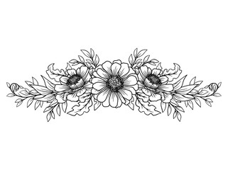 Flowers Line Art Sublimation. Hand drawn flower sketch line art illustration