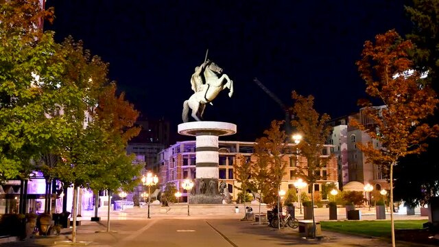 Skopje, city centre by night. Main square of Skopje, the capital of North Macedonia. Warrior on a Horse.