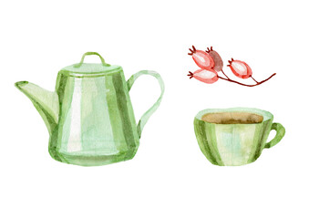 Watercolor skech kettle mug rosehip isolated elements