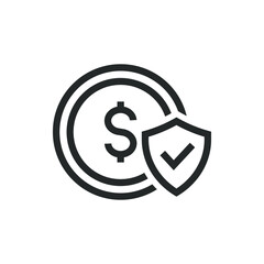 Dollar coin with shield and checkmark. Money protection icon concept isolated on white background. Vector illustration