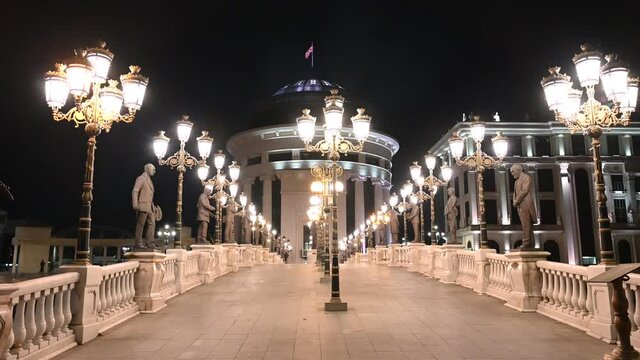 Skopje, city centre by night. Government buildings in Skopje. The Bridge of Art. Primary Public Prosecutor's Office of the North Macedonia. 