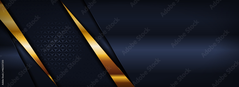 Poster abstract luxury navy background combined with golden lines and overlap layer textured.