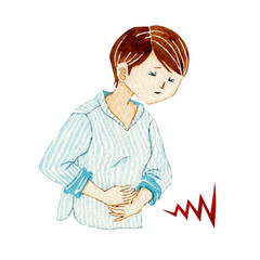 人物 女性　腹痛 生理痛 体調不良　水彩 イラスト