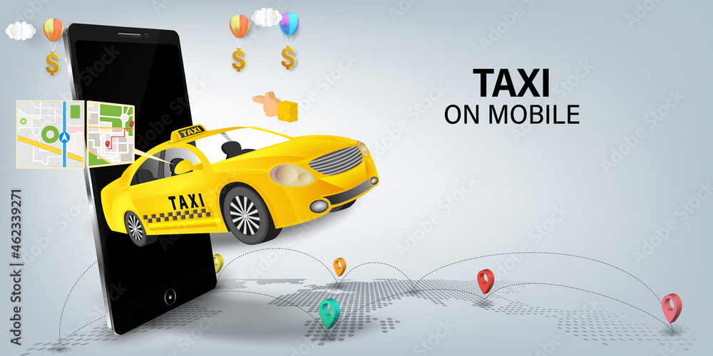 Poster taxi services mobile application website. application on smartphone. webpage, app design. vector ill