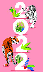 Happy New Year 2022. Year of the Tiger. Two tigers in the jungle, for a poster, brochure, banner, invitation ticket vector illustration is isolated on a colored background.