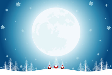 Christmas winter landscape with three santa clauses, leafless trees, falling snowflakes and a white big moon on blue background.