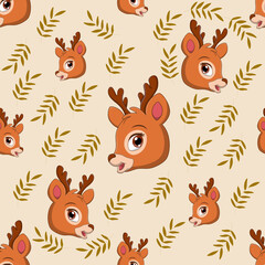 Deer head seamless pattern with leaves