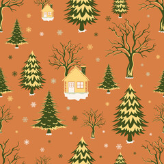 Christmas seamless pattern with trees and house