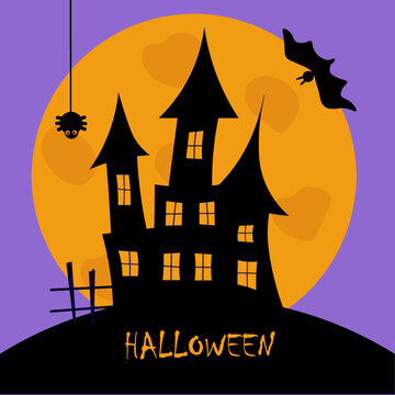 Halloween holiday. Silhouette of a castle with ghosts on the background of a full moon. A horror movie with a poke and a bat. Create a postcard, poster, or flyer.