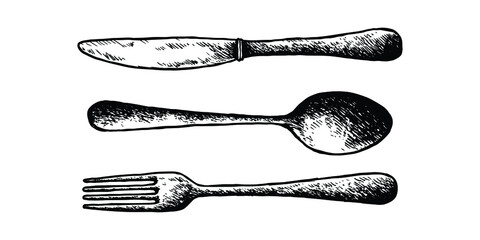Spoon, Fork, Knife hand-drawn illustration