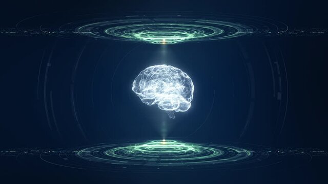 Artificial intelligence (AI) brain animation. Big Data Flow Analysis. Artificial intelligence, ai, deep learning blockchain neural network concept. Brain made with shining wireframe 3d render.