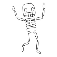 Cartoon hand-drawn skeleton coloring page vector illustration. Funny Halloween character black outline isolated on white. Simple dancing skeleton doodle clip art vector