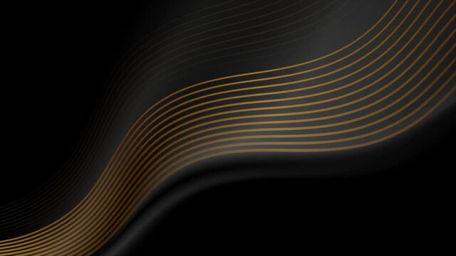 Black abstract tech smooth waves motion background with golden lines. Seamless looping. Video animation Ultra HD 4K 3840x2160