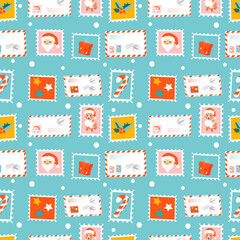 christmas seamless vector pattern in retro style with  stamps, festive envelops. pattern in flat style for printing on fabric, wrapping paper