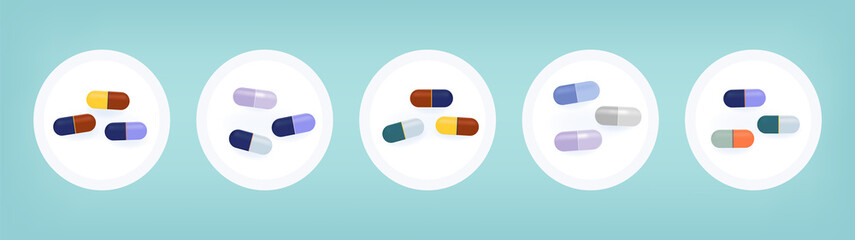 3d stickers set pill or capsule. The emblem or label is in the foreground. Showcase with medicines. Medical advertising or promotion of pharmacy products. Round sticker template with pills. Vector