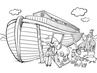 Outline drawings of Noah's ark with animals