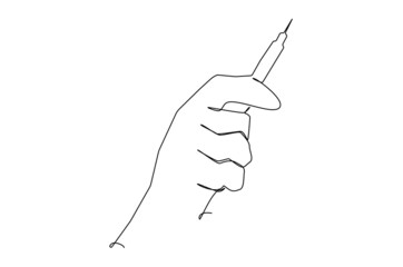 Syringe in hand. One line drawing isolated vector object by hand on a white background
