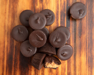 Dark chocolate peanut butter cups overhead view