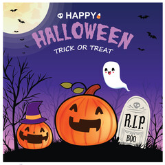 Vintage Halloween poster design with vector ghost, jack o lantern character.