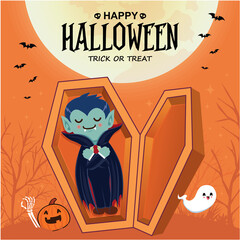 Vintage Halloween poster design with vector vampire, ghost, jack o lantern character. 