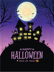 Vintage Halloween poster design with vector house, jack o lantern character. 