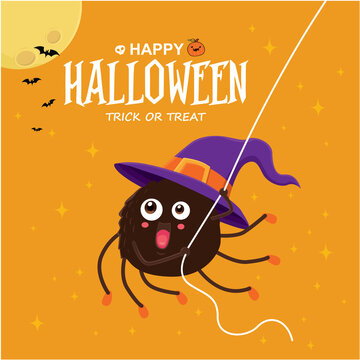 Vintage Halloween poster design with vector spider character. 