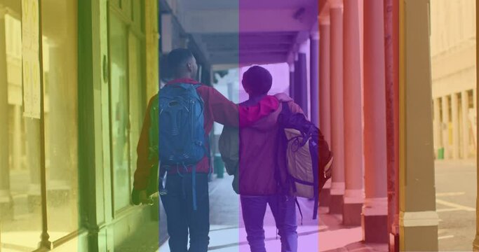 Animation of back view of gay couple walking on street