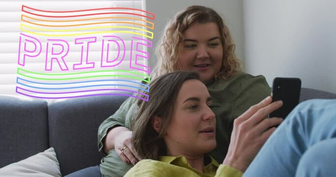 Animation of pride over lesbian couple using smartphone