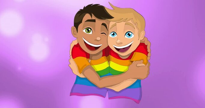 Animation of cartoon gay couple on purple background