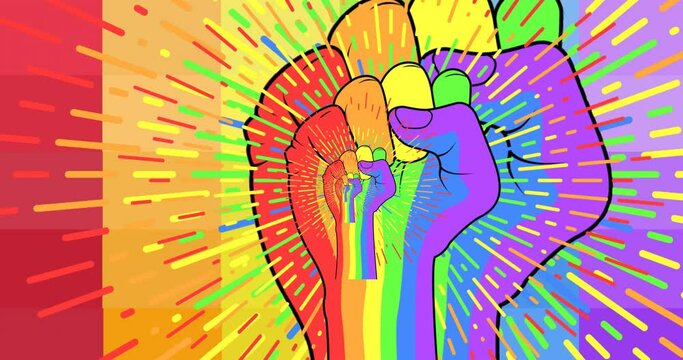 Animation of rainbow fists over rainbow background