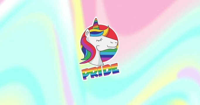 Animation of rainbow pride and unicorn over colorful pastel background