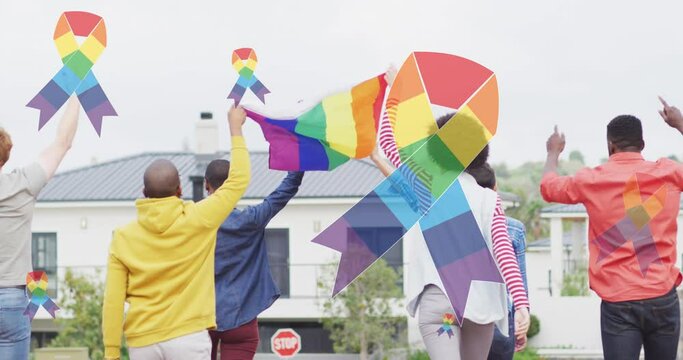 Animation of rainbow ribbon over back view of diverse protesters with flags