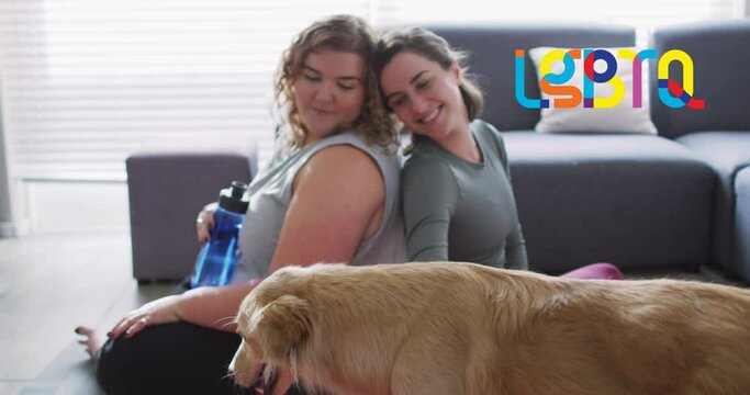 Animation of rainbow lgbtq of lesbian couple petting dog at home