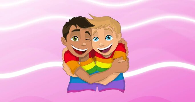 Animation of cartoon gay couple on pink background
