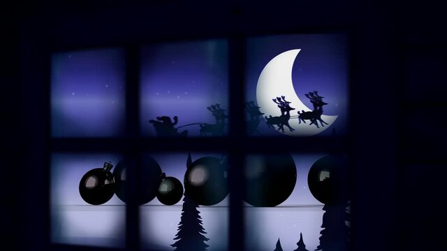 Window frame over christmas baubles and santa claus in sleigh being pulled by reindeers