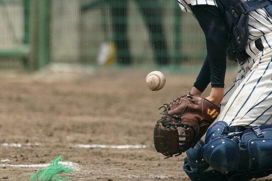 野球の試合中にピッチャーの投げた球を受けようとして体で球を止めるキャッチャー