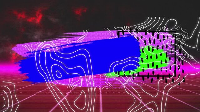 Animation of colorful abstract shapes and isohypses in digital space