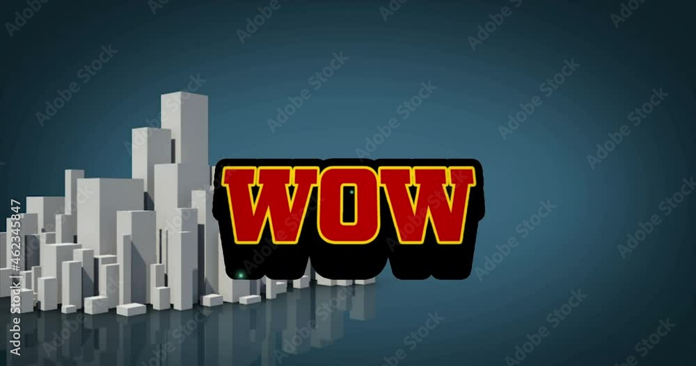 Poster animation of wow text in red letters over cityscape background
