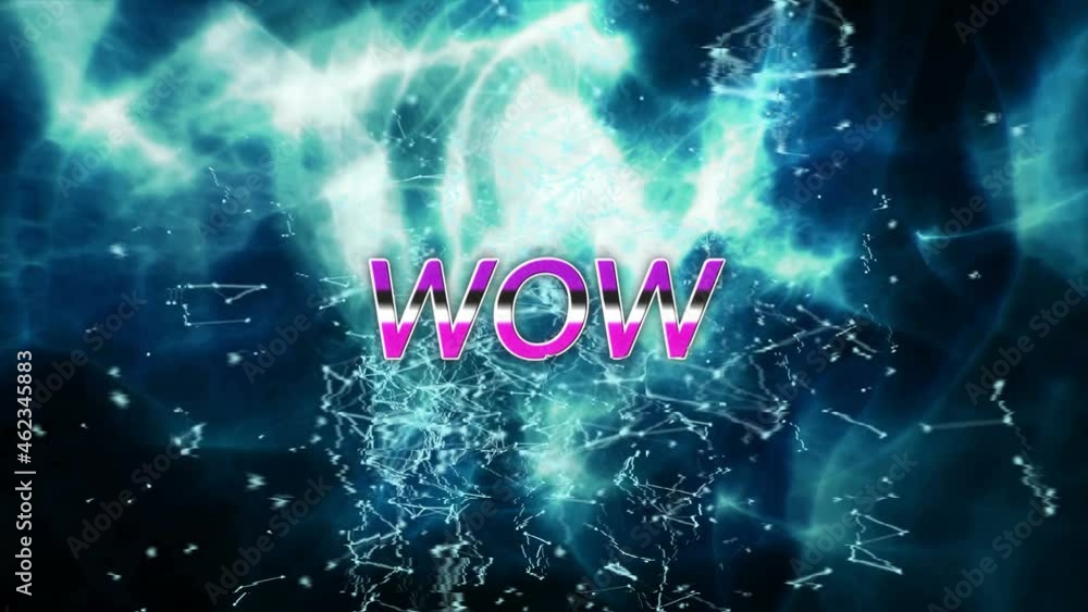 Poster animation of wow text in pink letters over networks of connections