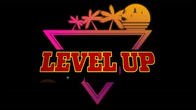 Animation of level up text in red letters over tropical sunset with palm trees