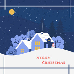 Winter landscape with tiny village view and snowy sky. Merry Christmas and Happy New Year greeting card or banner with place for your text.
