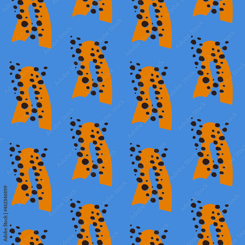 Poster trendy abstract minimal seamless pattern with hand drawn orange shapes and black dots on a bright bl