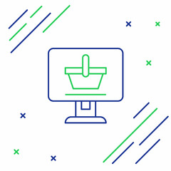 Line Shopping cart on screen computer icon isolated on white background. Concept e-commerce, e-business, online business marketing. Colorful outline concept. Vector