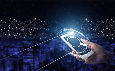 Searching Internet Data. Web Browsing Concept. Hand hold white smartphone with digital hologram...